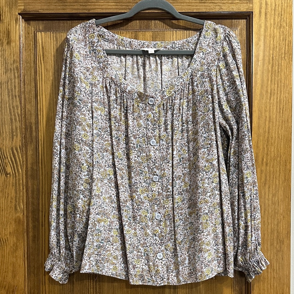LC Lauren Conrad Beige Floral Button-Front Peasant Blouse